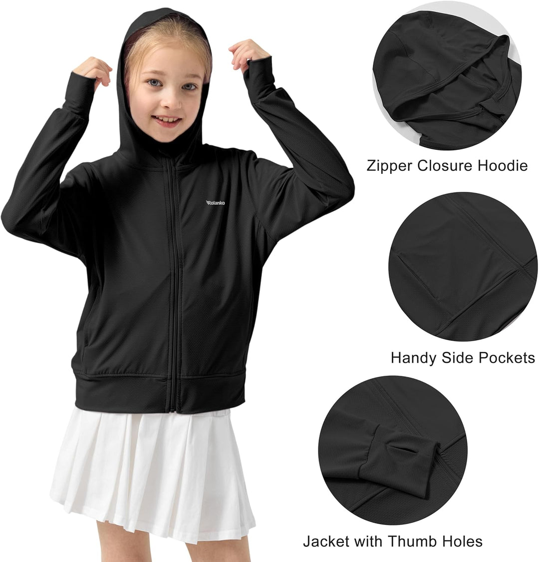 Rolanko Mädchen Sommerjacke mit Daumenlöchern Langarm Sonnenschutz Schnell Trocknend Reissverschluss