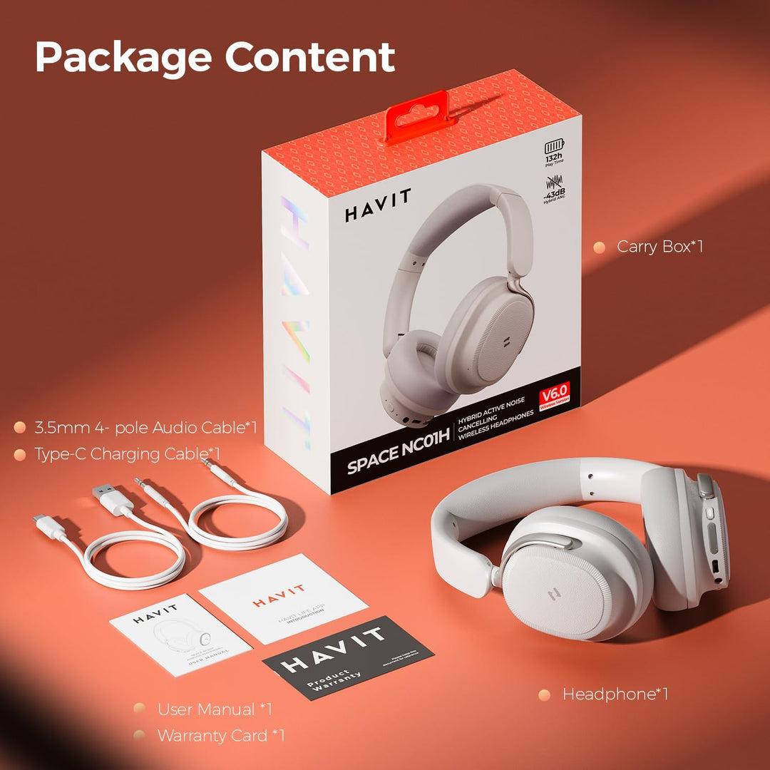 havit SPACE NC01H Hybrid Active Noise Cancelling Kopfhörer, Over Ear Bluetooth Kopfhörer mit 4 Mic E