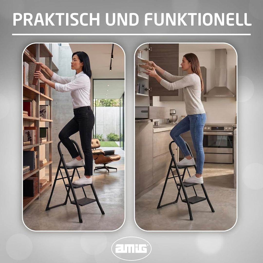 Amig Klappleiter 3 Stufen Schwarz Stahl 106x72x46 cm | Lasche für einfaches Zusammenklappen. Rutschf
