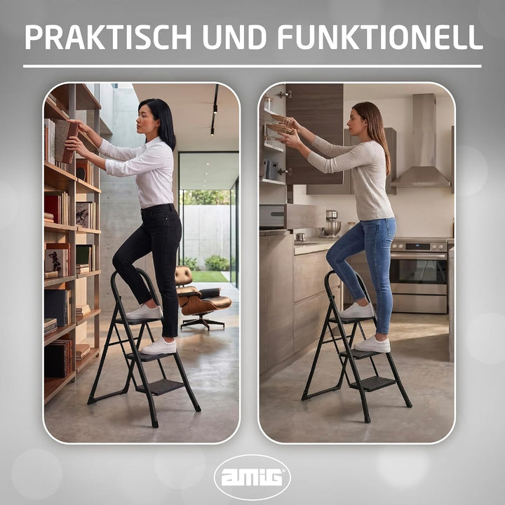Amig Klappleiter 3 Stufen Schwarz Stahl 106x72x46 cm | Lasche für einfaches Zusammenklappen. Rutschf