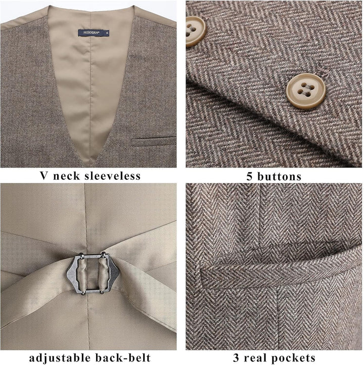 HISDERN Herren Anzugweste Herringbone Weste Hochzeit Herrenweste Formale Tweed Wollweste Classic Bas