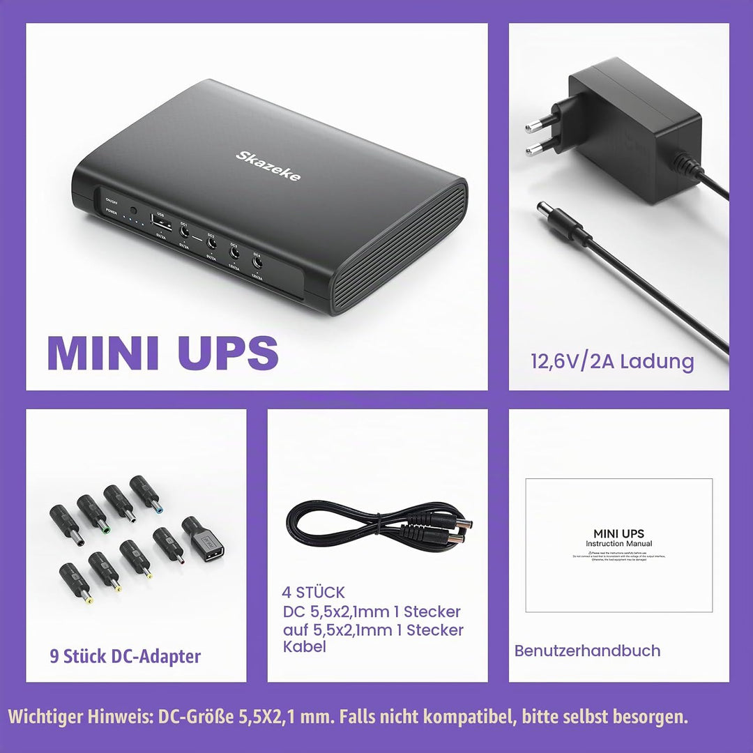 Mini USV,Skazeke 15000mAh Mini UPS mit 5 Ausgängen DC 5V/9V/12V/2A,USB 5V/2A, unterbrechungsfreie WL