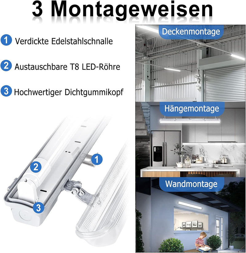 NAIZY Feuchtraumleuchte LED 150cm LED T8 Röhren Werkstatt Garage Lampe Deckenleuchte für Aussenanwen