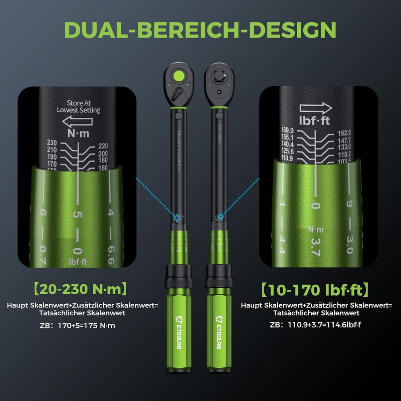 ETOOLAB 1/2 Zoll Drehmomentschlüssel Auto, 20-230Nm/10-170lbf-ft, ±3% Fehlergenauigkeit, 72 Zähne Um