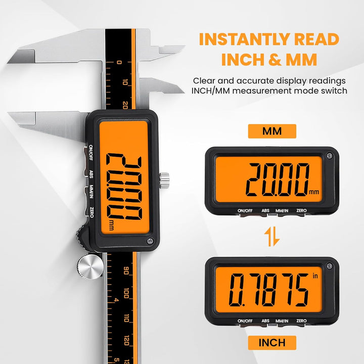 HARDELL Digital Caliper, Rechargeable Digital Caliper with Large Orange Screen - Anti-Glare LCD & AB