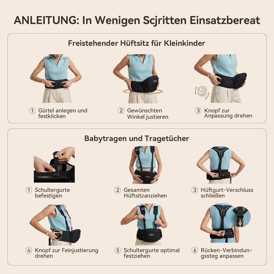 Babytrage mit Hüftsitz – Stufenloser Hüftgurt Drehmechanismus für festen Halt, verbessertes Y-Design