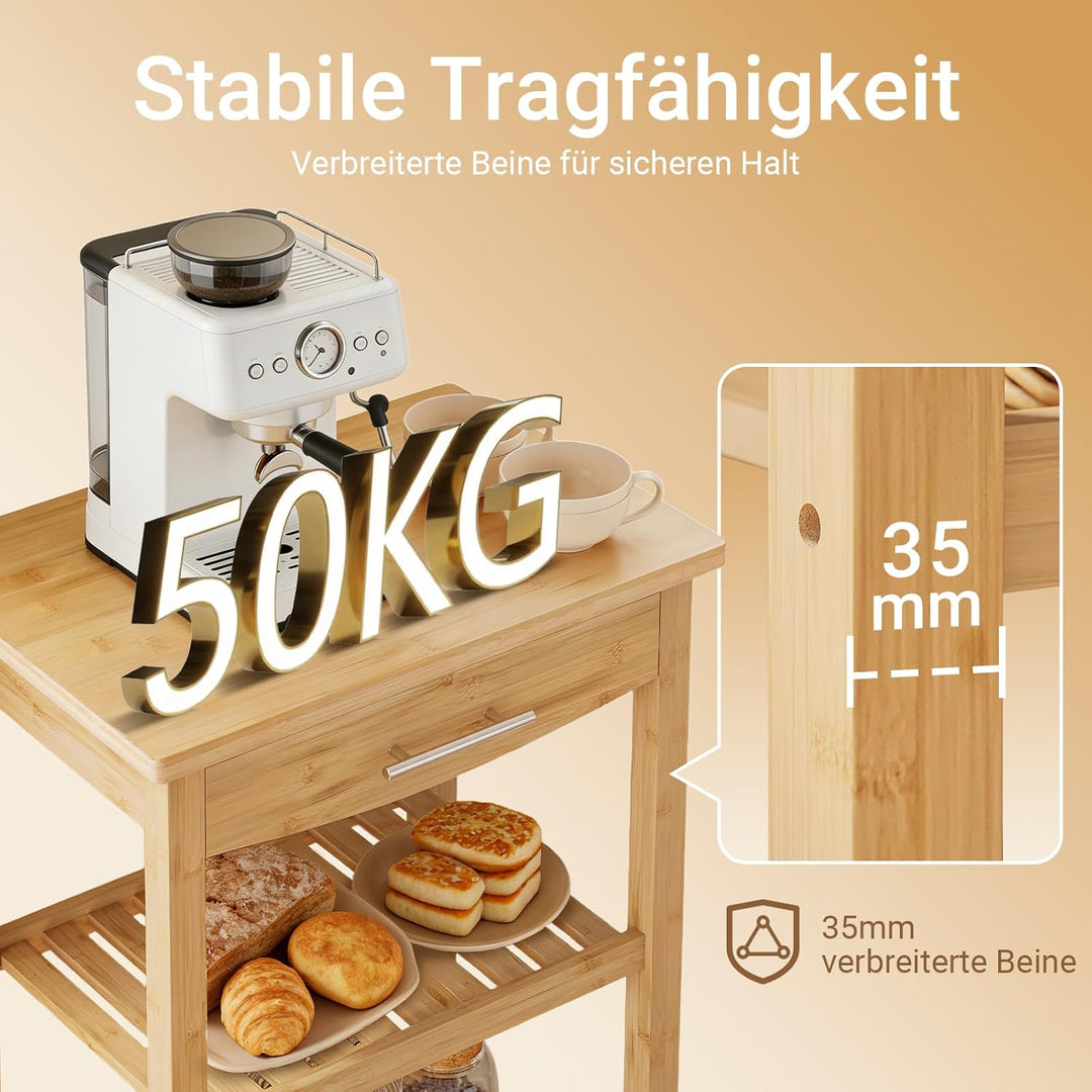 SoBuy FKW28-SCH Servierwagen mit Schublade und 2 Ablagen Kücheninsel Küchenwagen Küchenregal aus Bam