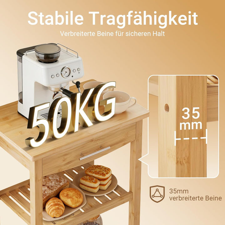 SoBuy FKW28-SCH Servierwagen mit Schublade und 2 Ablagen Kücheninsel Küchenwagen Küchenregal aus Bam
