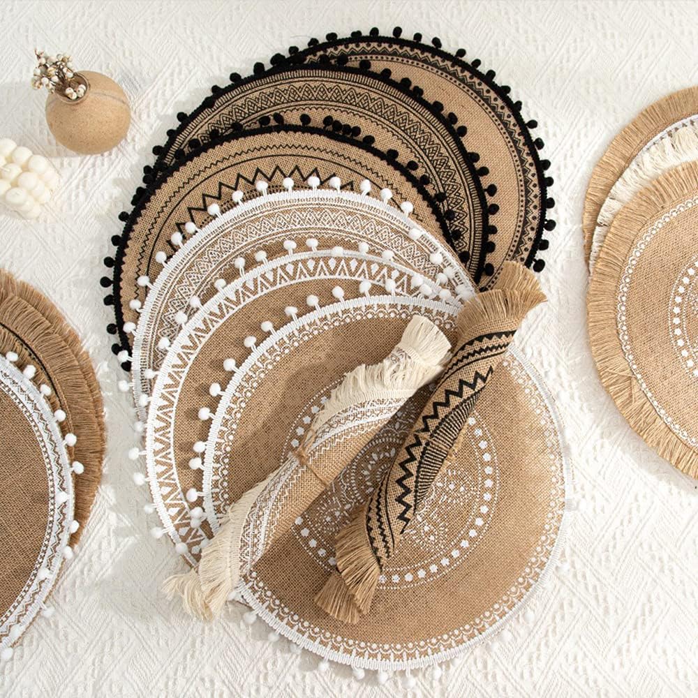 Rund Gewebte Platzset,Boho Tischsets,Jute Tischsets mit Mandala Quaste,Böhmen Farmhouse Retro Restau
