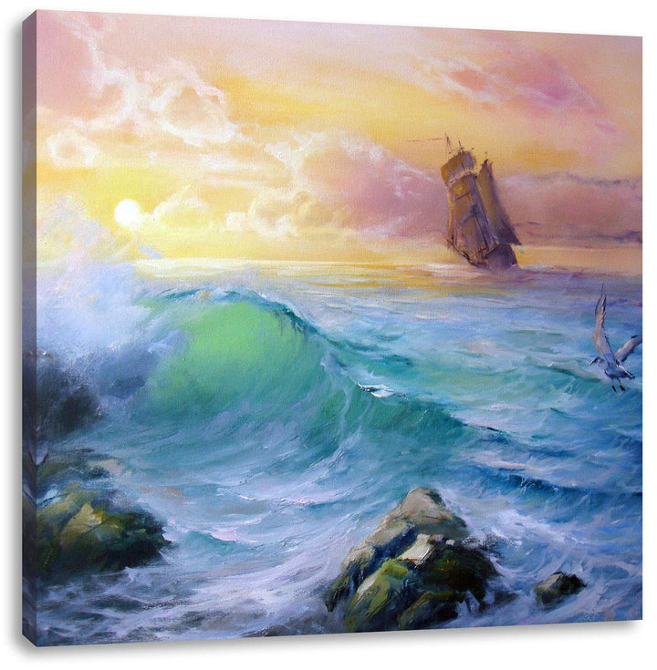 Sturm überm Meer Kunst, Format: 70x70 auf Leinwand, XXL riesige Bilder fertig gerahmt mit Keilrahmen