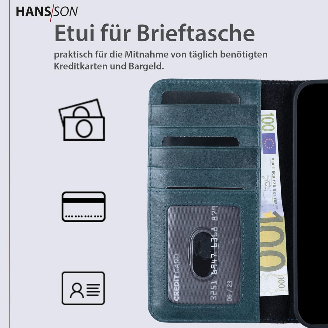 HANS/SON Hülle aus Echtleder mit Kartenfächern in Petrol | Blaue iPhone 13 Pro Max Klapphülle | Geld