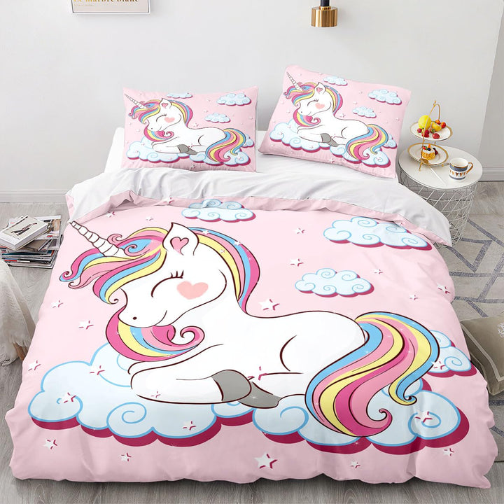 TSOPEFI Rosa Einhorn Mädchen Bettwäsche Set,Cartoon Einhorn Muster Kinder Bettbezug Set,Regenbogen W