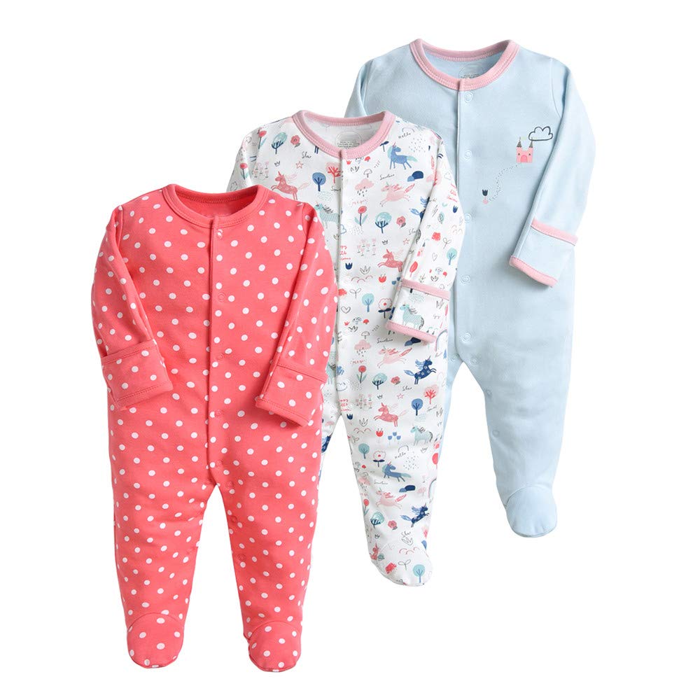 Minizone Baby Schlafanzug Pack of 3, Strampler Langarm Pyjamas Schlafstrampler 6-9 Monate 6-9 Monate