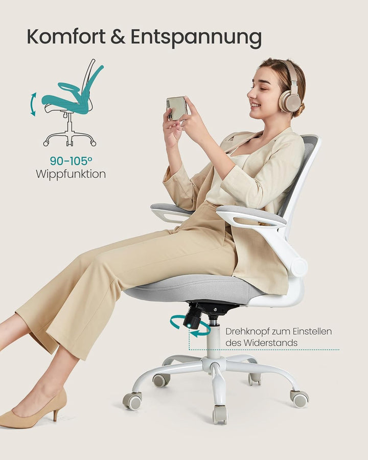SONGMICS Bürostuhl ergonomisch, Drehstuhl mit Mesh, Lenden- und Kopfstütze, Wippfunktion, 53 cm gros
