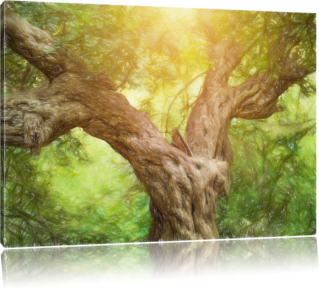 Pixxprint Mächtiger Baum im Wald Kunst Buntstift Effekt, Format: 100x70 auf Leinwand, XXL riesige Bi