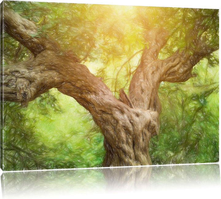 Pixxprint Mächtiger Baum im Wald Kunst Buntstift Effekt, Format: 100x70 auf Leinwand, XXL riesige Bi