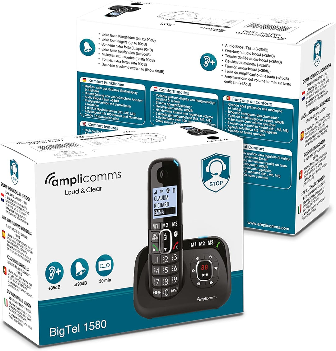 Amplicomms BigTel 1580 schnurloses DECT Grosstasten Telefon, Anrufbeantworter, Audio-Boost, extra La