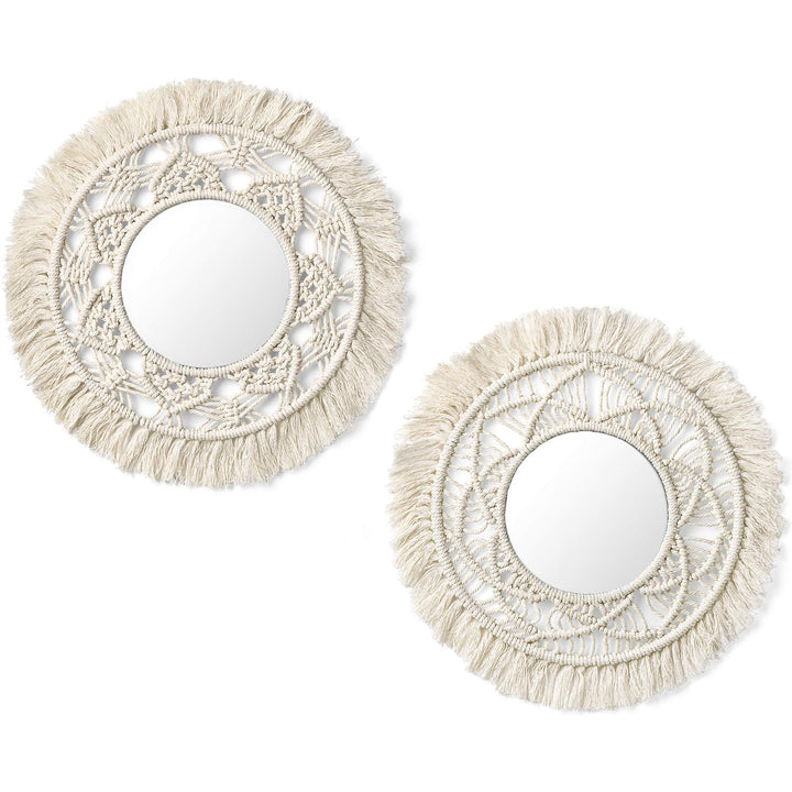 Mkouo 2er Set Hängender Wandspiegel mit Makramee-Rund Decorative Spiegel Wanddeko Klein Boho Style f