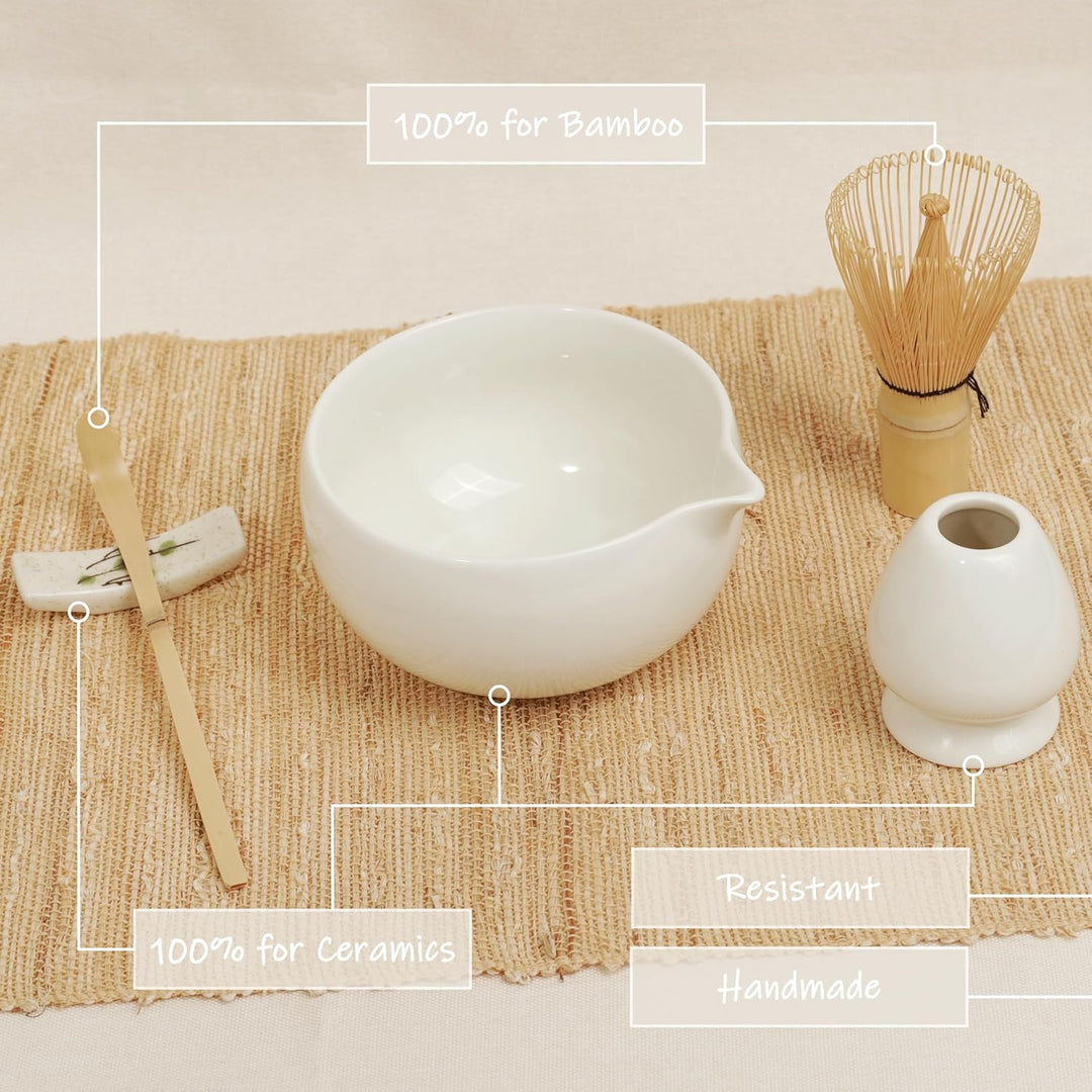 Matcha Set Beige (8-teilig) und Schale mit Ausgiesser, Premium Matcha Tee Set für Matcha Latte Zuber