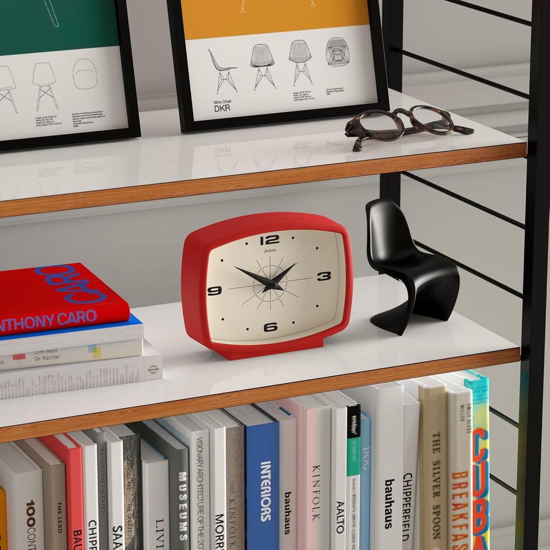 JONES CLOCKS® Film Schreibtischuhr | Rechteckiges retrodesign | Rot | Midcentury Stil mit modernem F