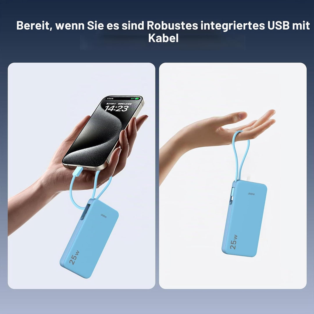 JUOVI Power Bank 10000mAh mit Kabel, 25 W Powerbank Klein Leicht, tragbarer Akkupack schnellladefunk