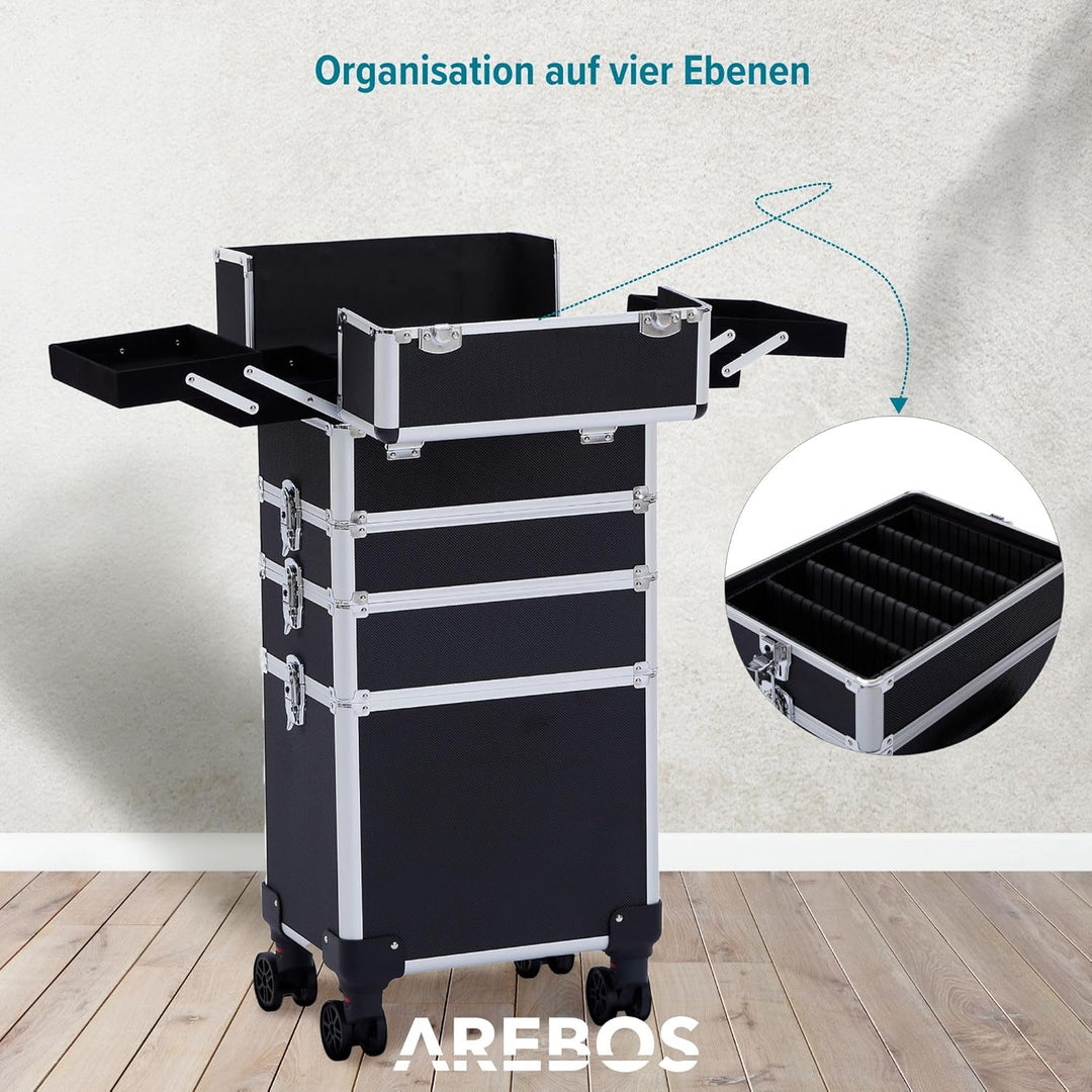 Arebos 4-in-1 Kosmetikkoffer | 4 Fächer & 1 Schublade | Teleskop- und Tragegriff | 8 Schlösser | 4X
