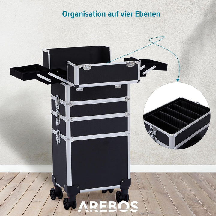Arebos 4-in-1 Kosmetikkoffer | 4 Fächer & 1 Schublade | Teleskop- und Tragegriff | 8 Schlösser | 4X