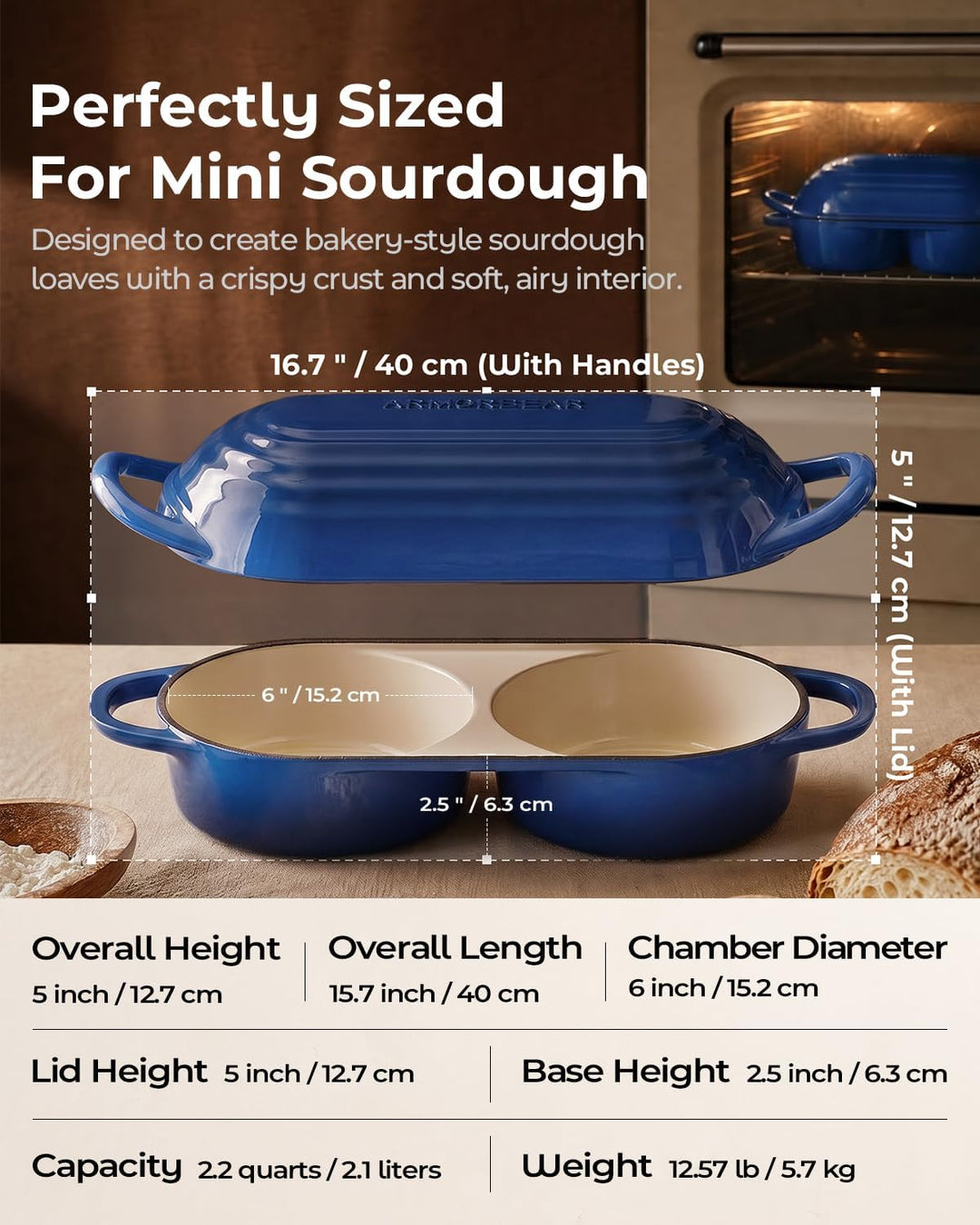 Double Dutch Oven, Brotbacktopf aus Gusseisen für Sauerteig, Blau Blau Doppel Brotbacktopf, Blau Dop