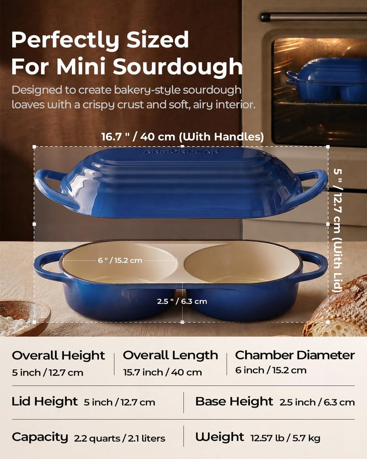 Double Dutch Oven, Brotbacktopf aus Gusseisen für Sauerteig, Blau Blau Doppel Brotbacktopf, Blau Dop