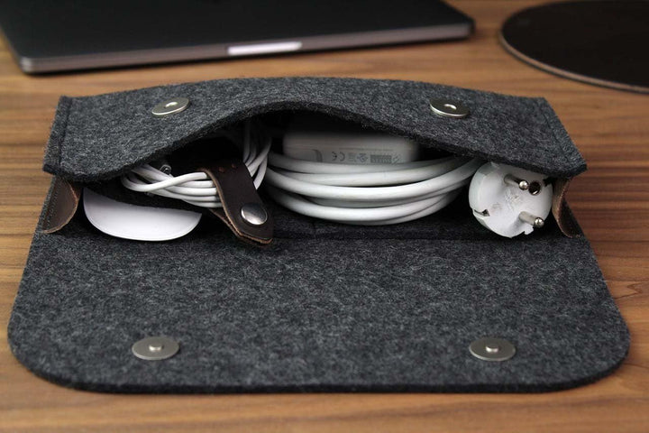 Pack & Smooch MacBook iPad Pro Zubehör Und Kabel Tasche 100% Wollfilz Und Pflanzlich Gegerbtes Leder