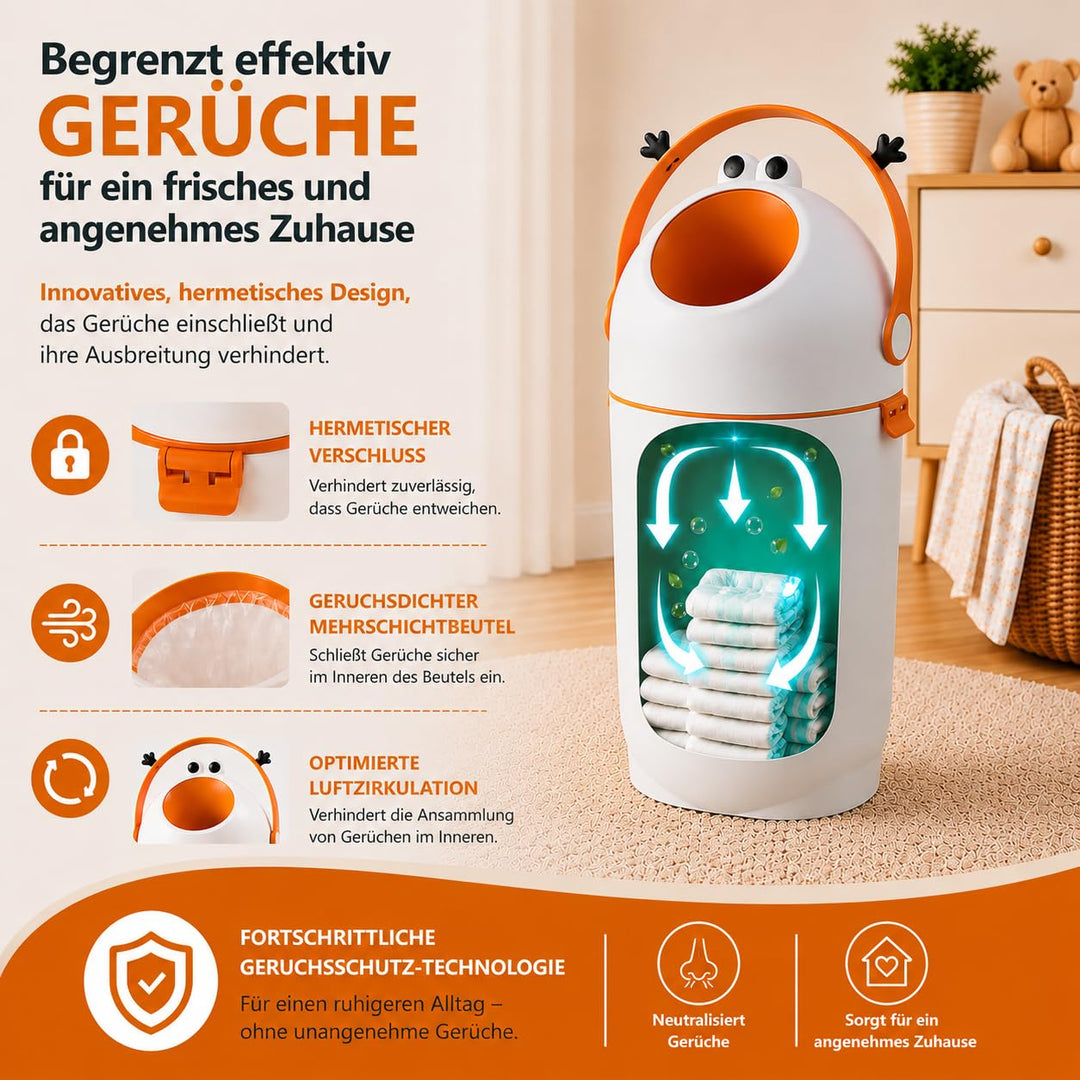 Windeleimer 15L mit Frosch-Design, Einhand-Bedienung durch Zugbügel, geruchsdicht durch Deckelmechan