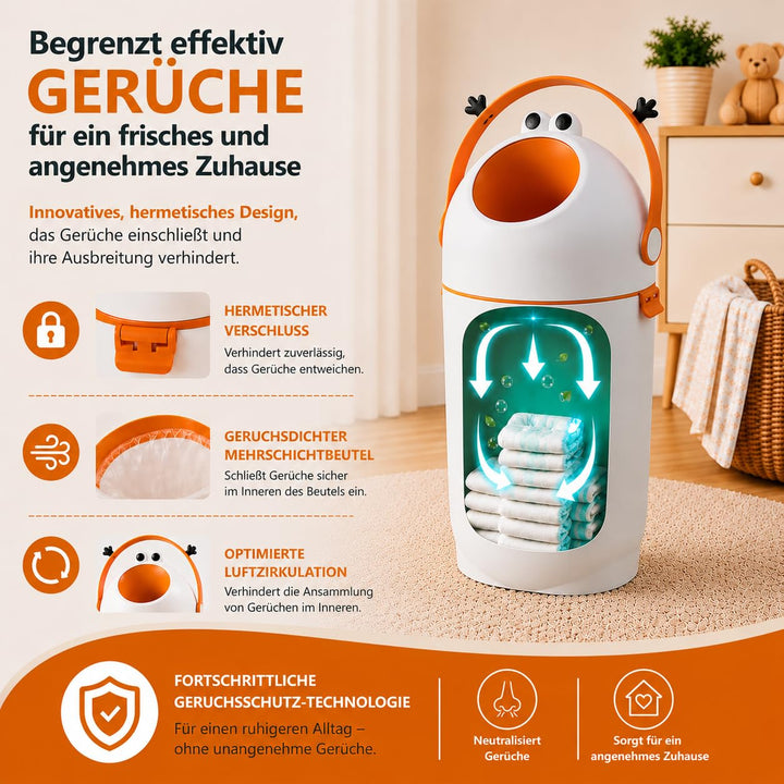 Windeleimer 15L mit Frosch-Design, Einhand-Bedienung durch Zugbügel, geruchsdicht durch Deckelmechan