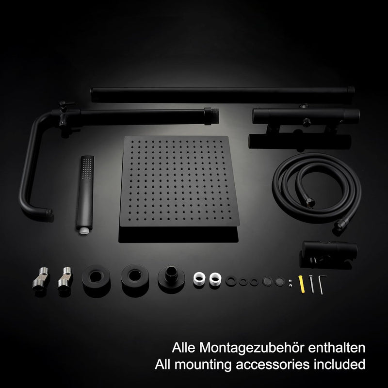 JOHO Thermostat Duschset aus Edelstahl Duschsystem mit Thermostatarmatur XL Kopfbrause Matt Schwarz