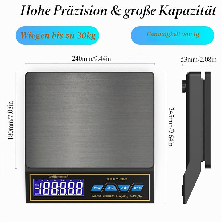 Waage Küchenwaage, Edelstahl Digitalwaage 30kg/66lb mit 9 Masseinheit, PCS Zähl, Auto Shutdown, Tara