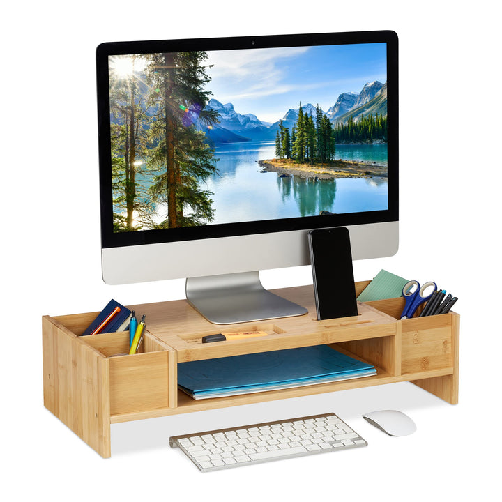 Relaxdays Monitorständer Bambus, Bildschirmerhöhung mit Fächern, HBT 15,5x62,5x28cm, Monitorunterbau