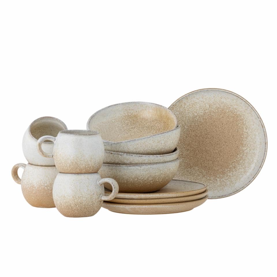 Bloomingville Paula Frhstcksset, Natur, Steingut, Wei, Beige, Marmor, 12-teilig, Geschirr-Set
