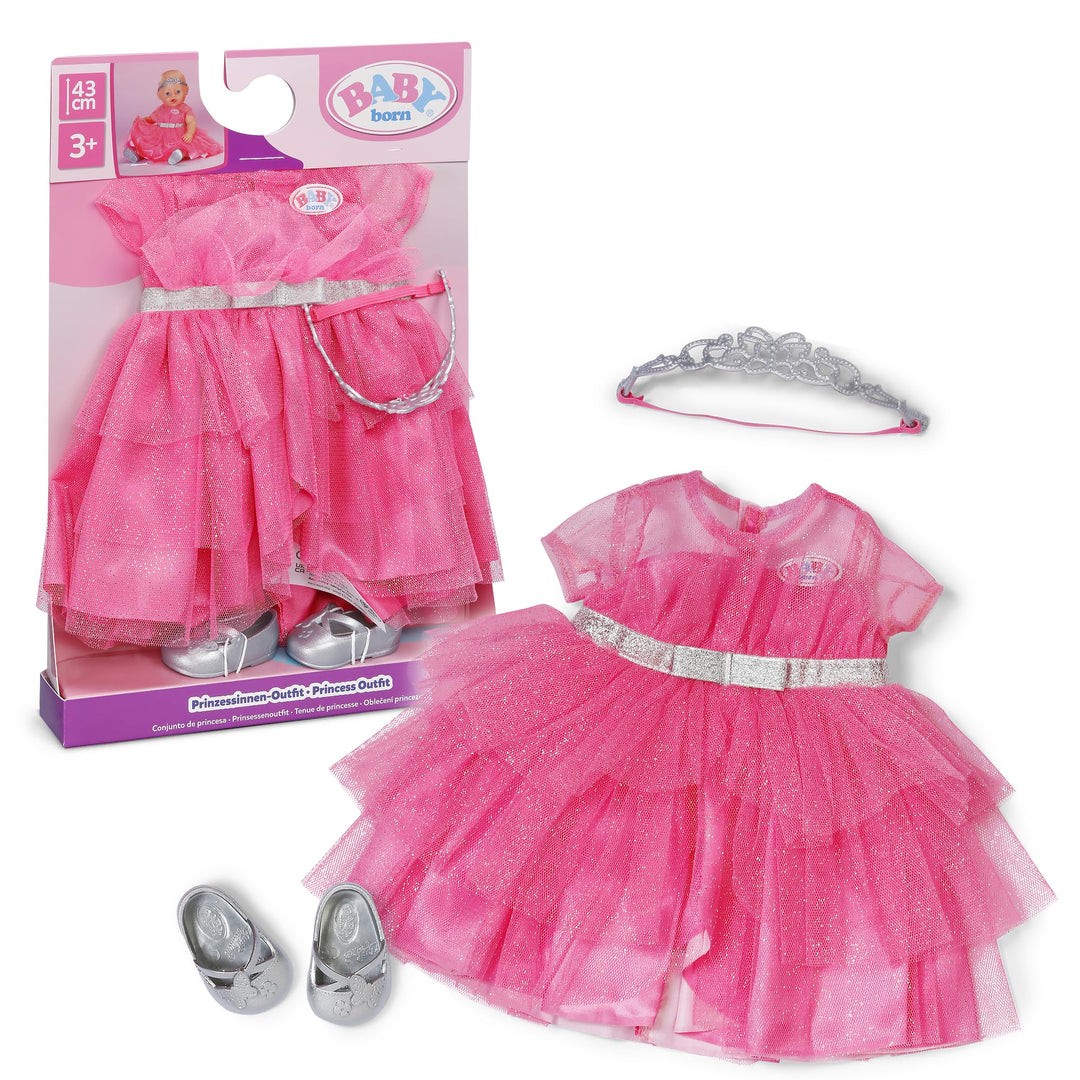 Baby Born Prinzessinnen-Outfit mit rosa Kleid, Tiara und silbernen Schuhen für 43cm Puppen