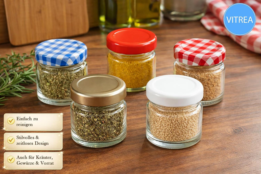 Vitrea 100x Mini Marmeladengläser 37 ml - mit Deckel Gold TO 43 - kleine Einmachgläser zum befüllen