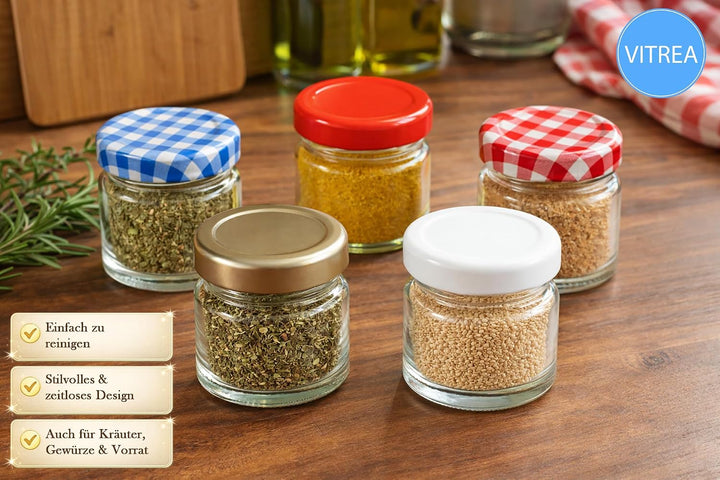 Vitrea 100x Mini Marmeladengläser 37 ml - mit Deckel Gold TO 43 - kleine Einmachgläser zum befüllen