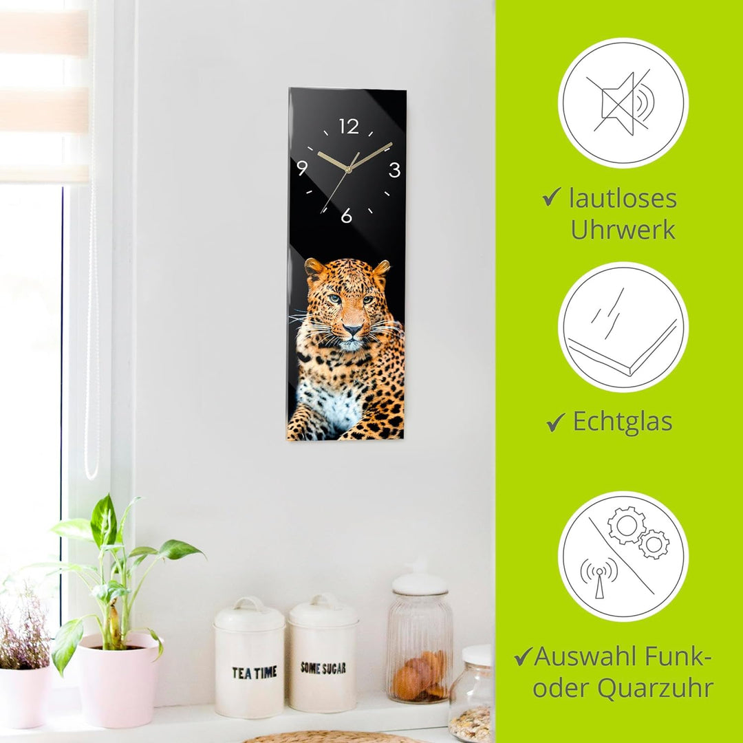 ARTLAND Wanduhr ohne Tickgeräusche Glas Funkuhr 20x60 cm Rechteckig Lautlos Afrika Leopard Tiere Saf