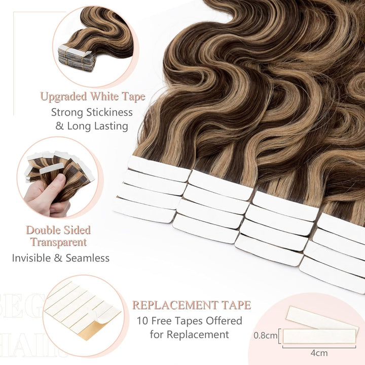 SEGO Tape Extensions Echthaar GEWELLT 16zoll/40cm 20 Stück Klebeband Haarverlängerung 50G mit 10 PCS