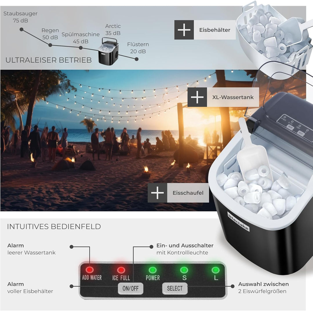 tectake® Eiswürfelmaschine, Ice Maker, 2,1l Volumen, Eiswürfelbereiter, Maschine bereitet 9 Würfel i