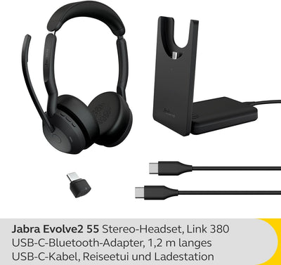 Jabra Evolve2 55 - schnurloses Stereo-Headset mit Ladestation und Jabra Air Comfort - Mikrofone mit