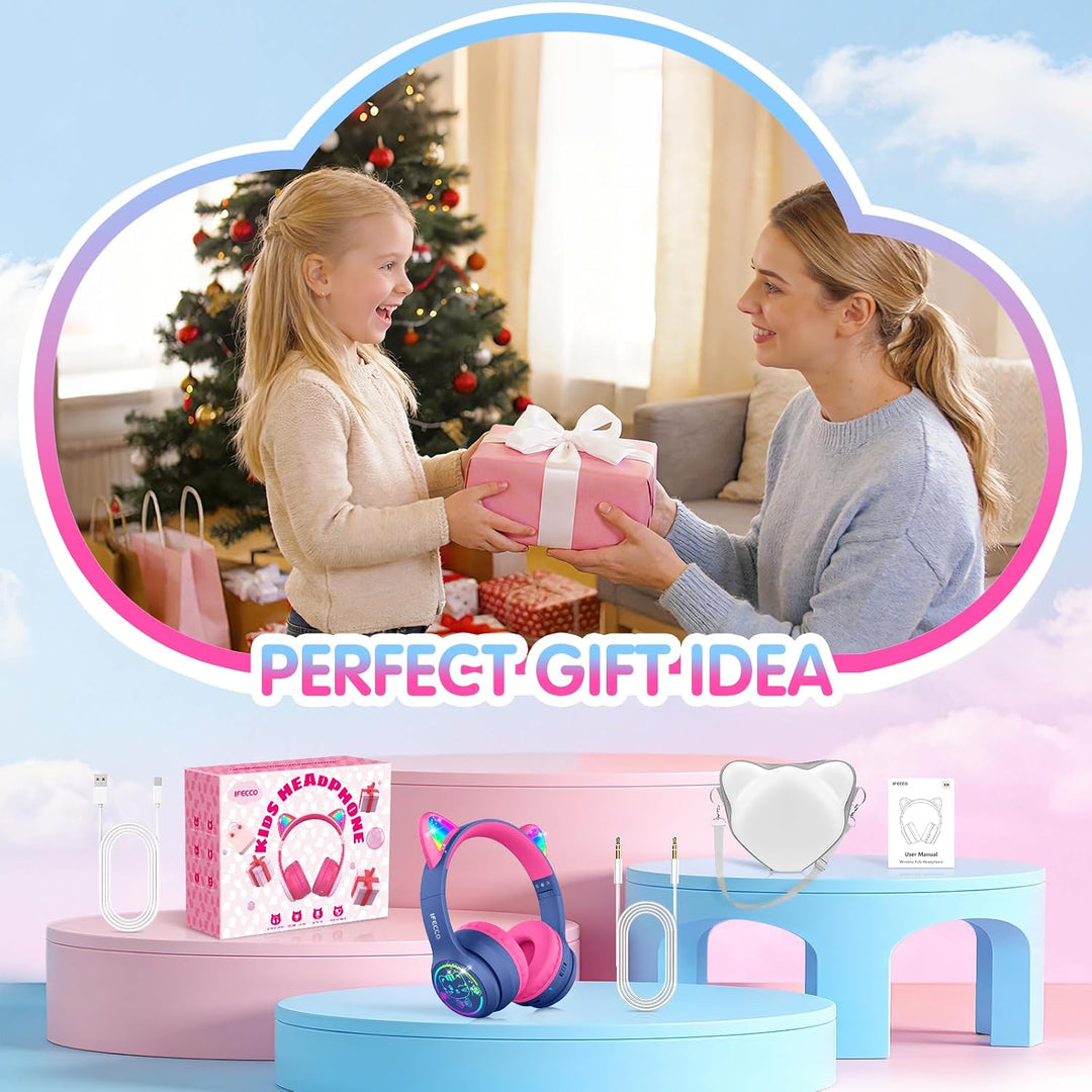 IFECCO Bluetooth Kopfhörer Kinder kabellos mit Aufbewahrungstasche, Kinderkopfhörer Over-Ear mit LED