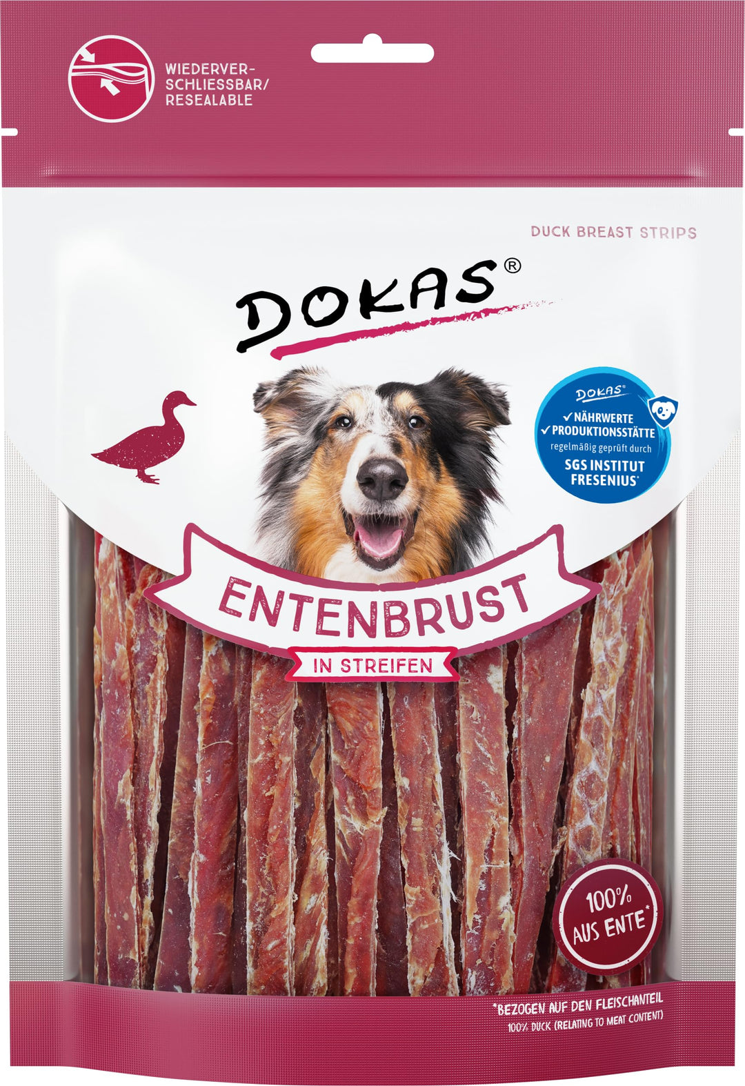 DOKAS Getreidefreier Premium Snack in Streifen für Hunde – Aus Entenbrustfilet, 250 g (8er Pack) Sin
