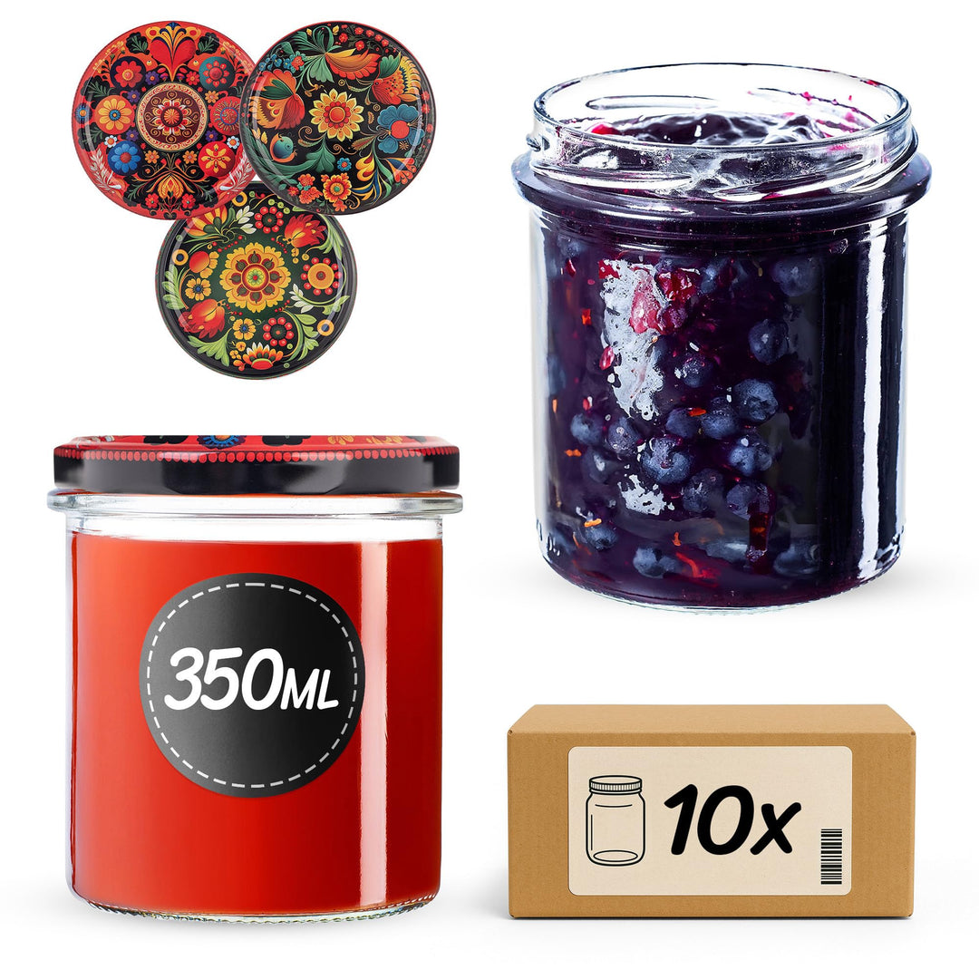 KADAX 10er Set Marmeladengläser 350ml TO82 Bunte Blumen, Einmachgläser Vorratsgläser Mason Jar mit S