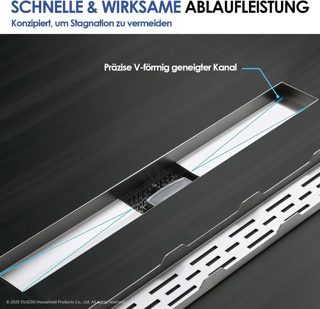 Duschrinne 60 cm 304 Edelstahl, Linearer Bodenablauf Komplettset Gitter – Gebürstet, Gitter – Gebürs