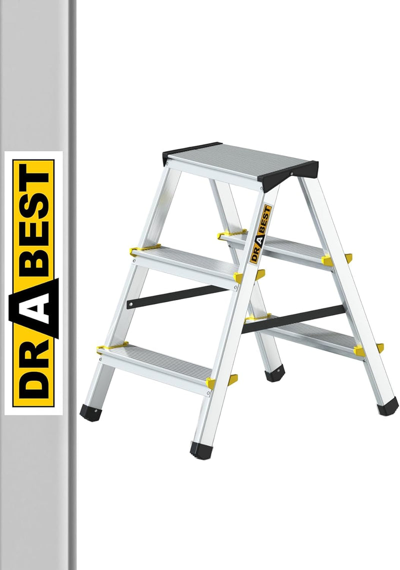 Drabest Klappleiter Leiter Klappbar 2 x 3 Stufen Alu Trittleiter Beidseitig bis 150 kg Belastbar Hau