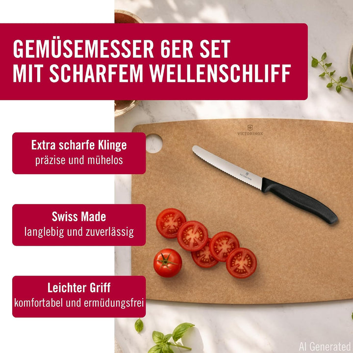 Victorinox Swiss Classic, Frühstücksmesser, Brötchenmesser Set, 6teilig, Scharfe Klinge, Wellenschli
