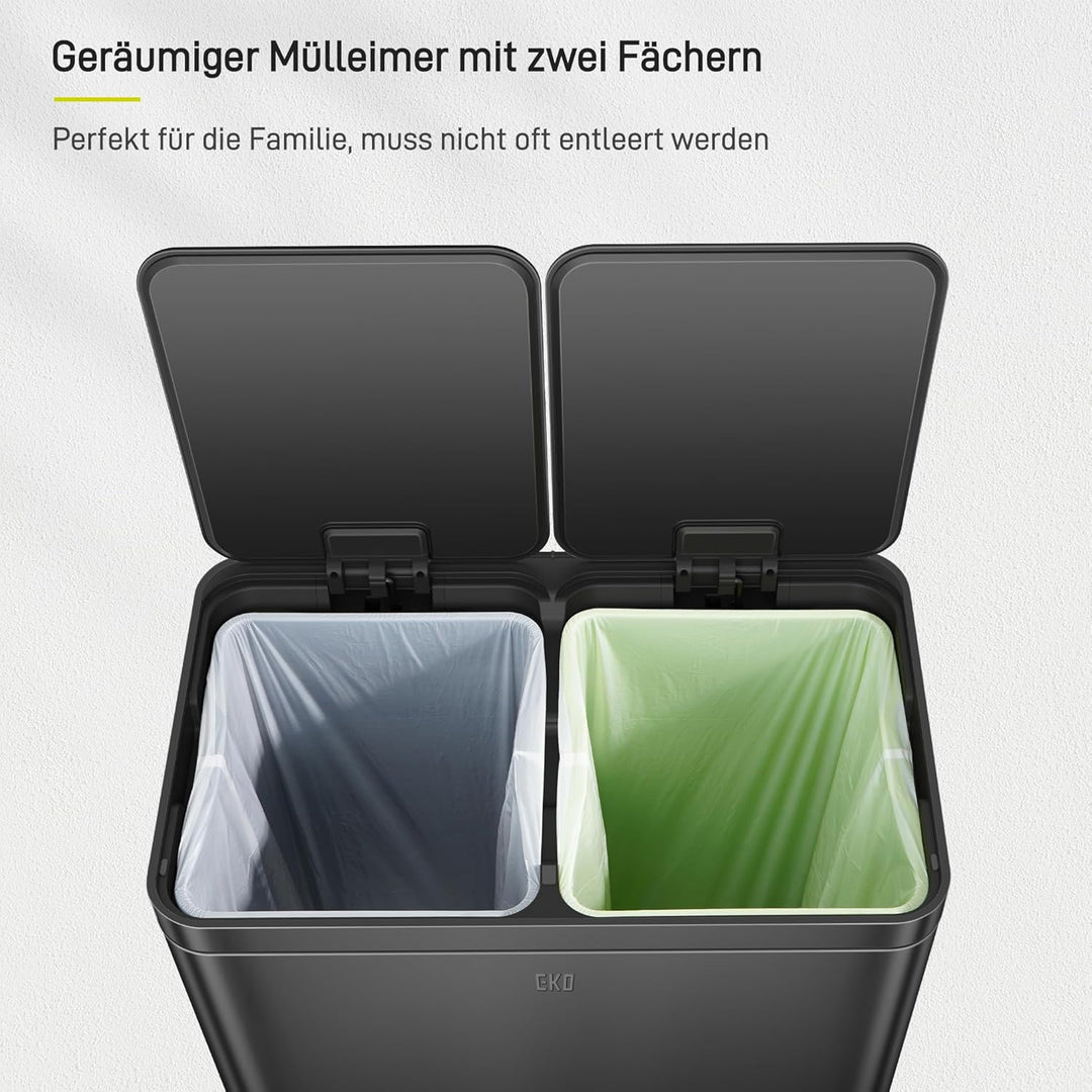 EKO Mülleimer Küche 2 Fächer, 2 x 30 Liter, Abfalleimer mit 2 Inneneimern Schwarz 30L+30L, Schwarz 3